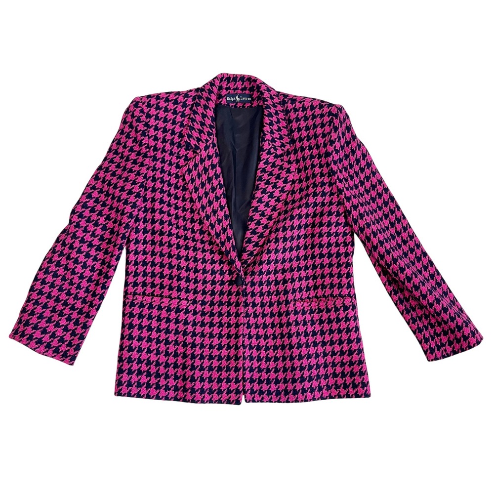 Vintage 80s Ralph Lauren Pink Navy Houndstooth Wool Blazer Jacket Womens Size 8